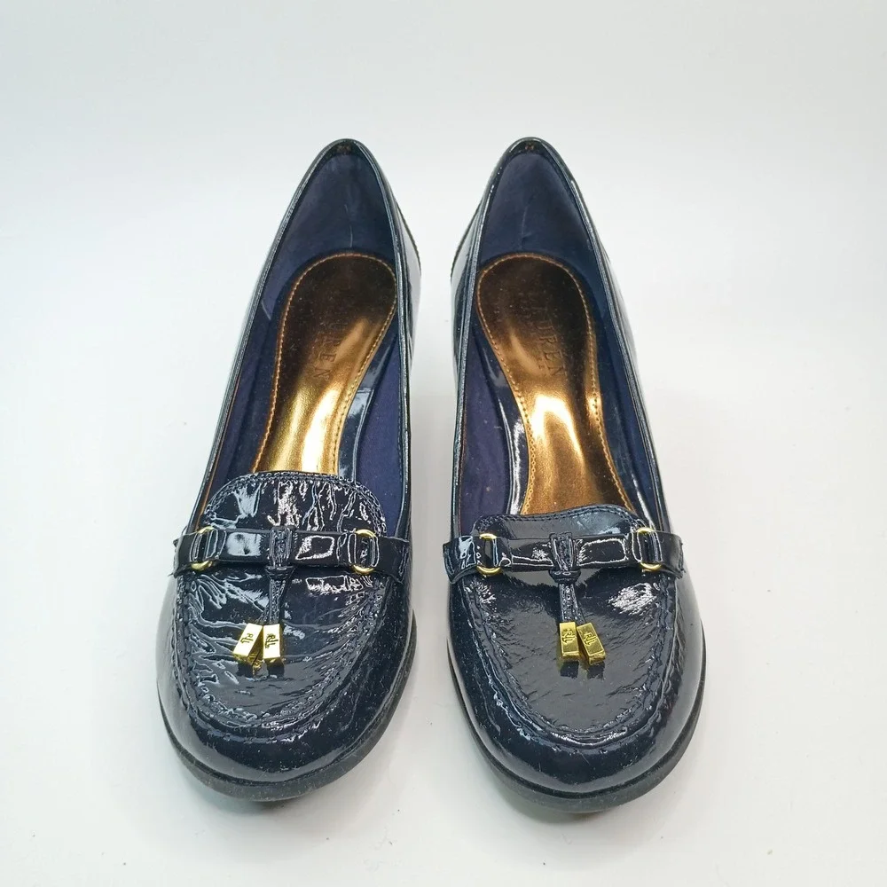 Lauren by Ralph Lauren Rory Navy Patent Leather Wedge Loafer Women Sz 8B Gold RL
